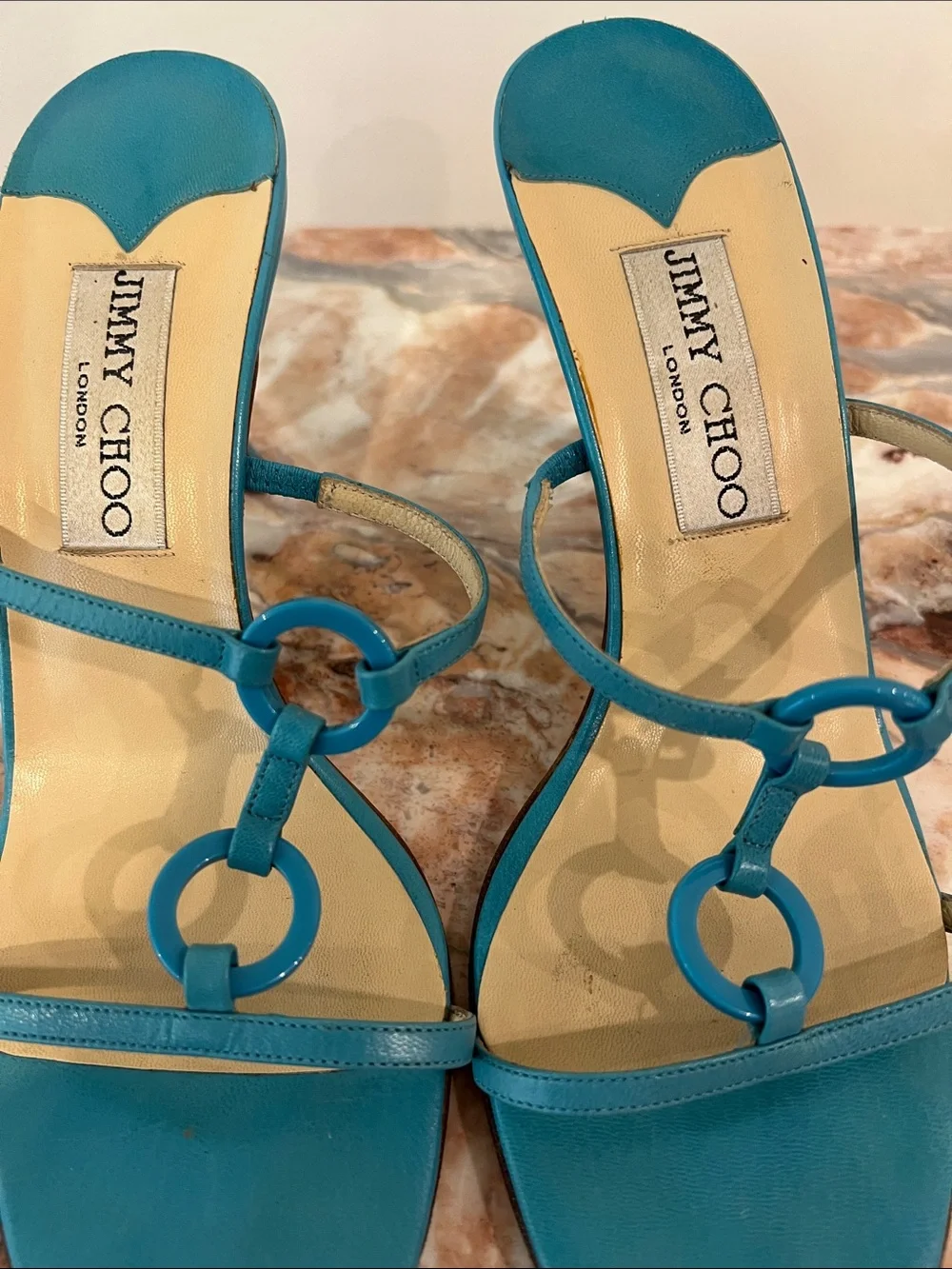 Jimmy Choo Teal Ring-Detail Leather Heeled Sandals